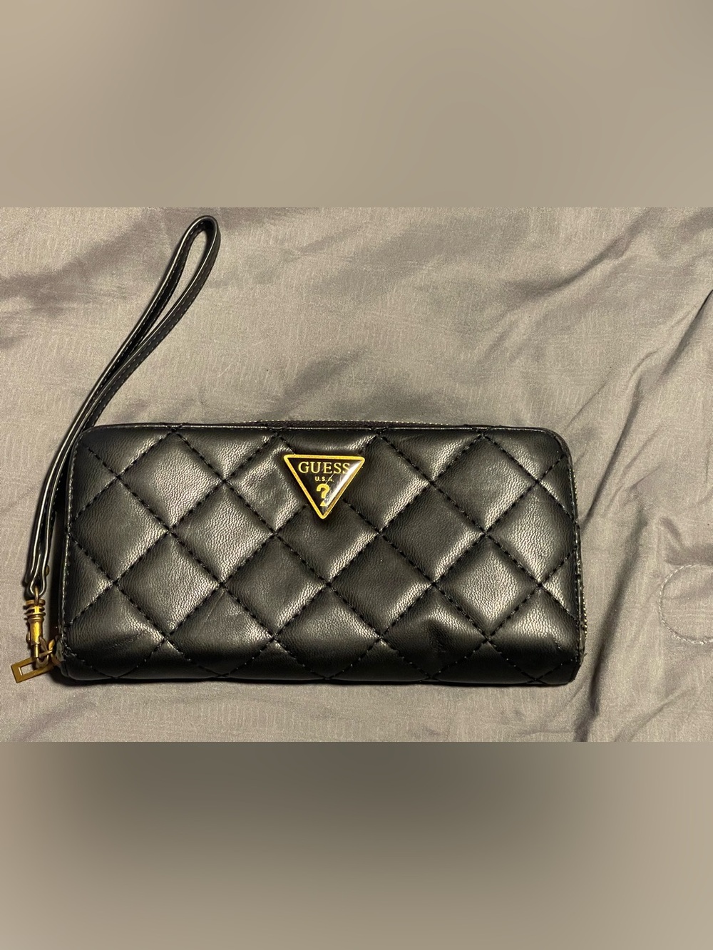 GUESS Black Quilted Wristlet Clutch with Gold Logo
